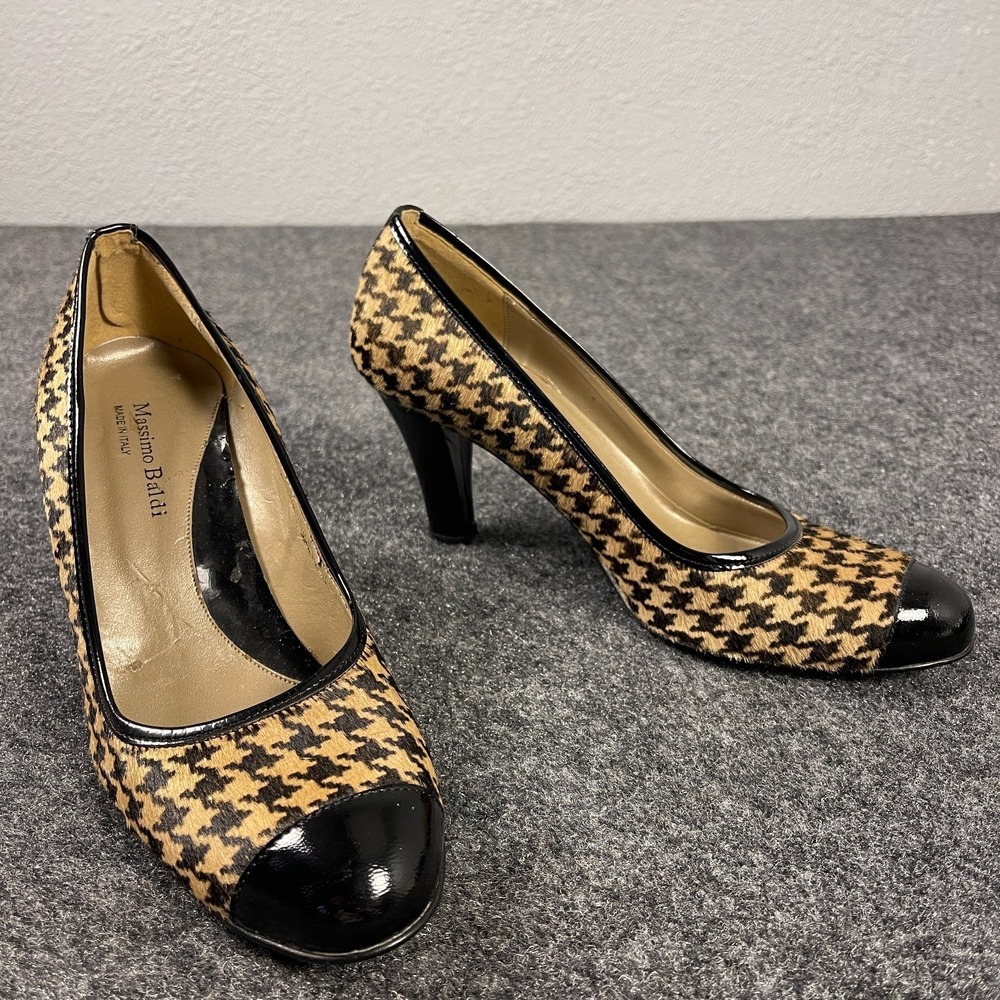Massimo Baldi Houndstooth Calf Hair Pumps Womens 8.5 Black Cap Toe Heels Italy